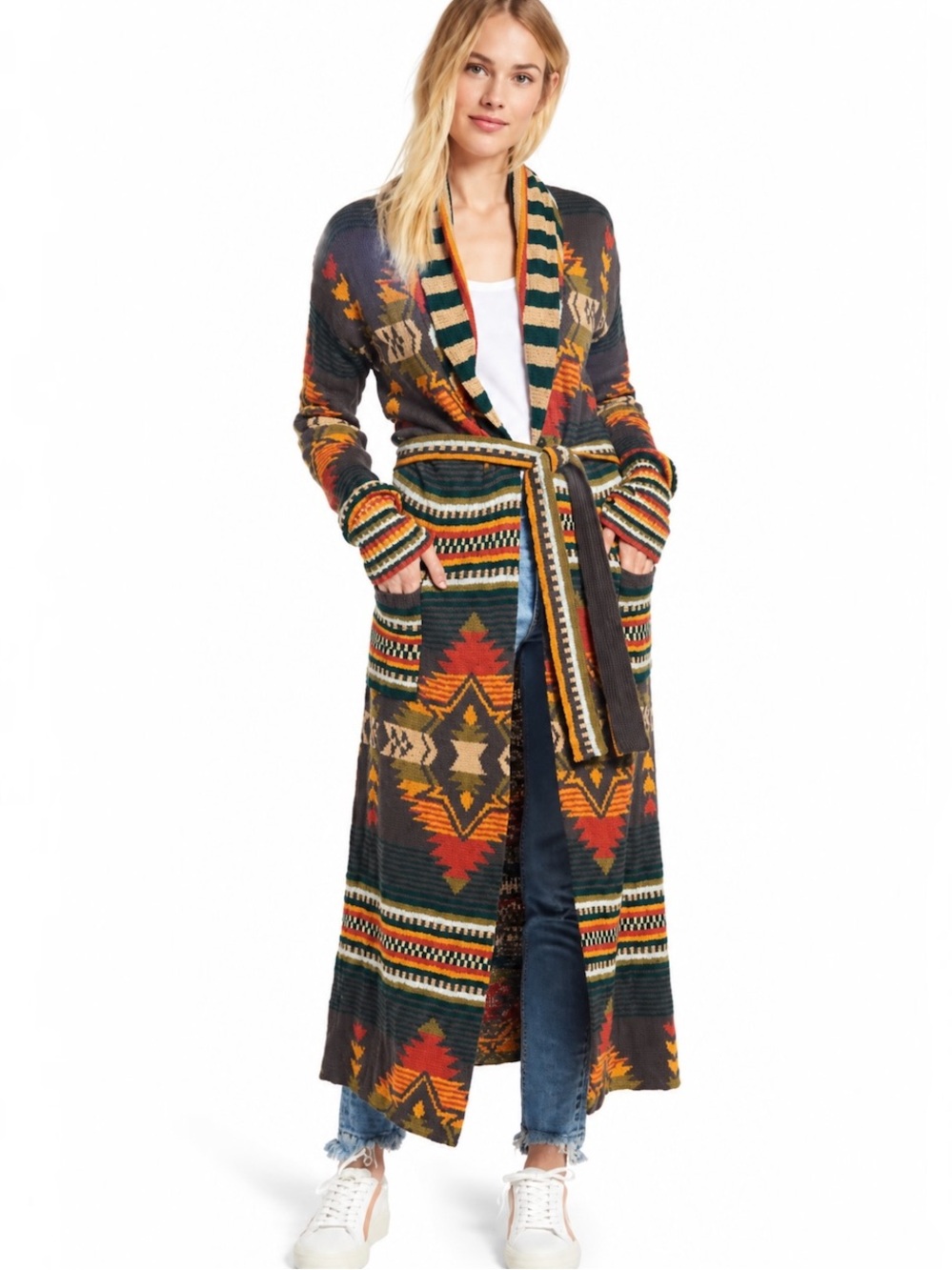 Faherty Paloma Duster Cardigan Valley Southwestern Jacquard Belted XS